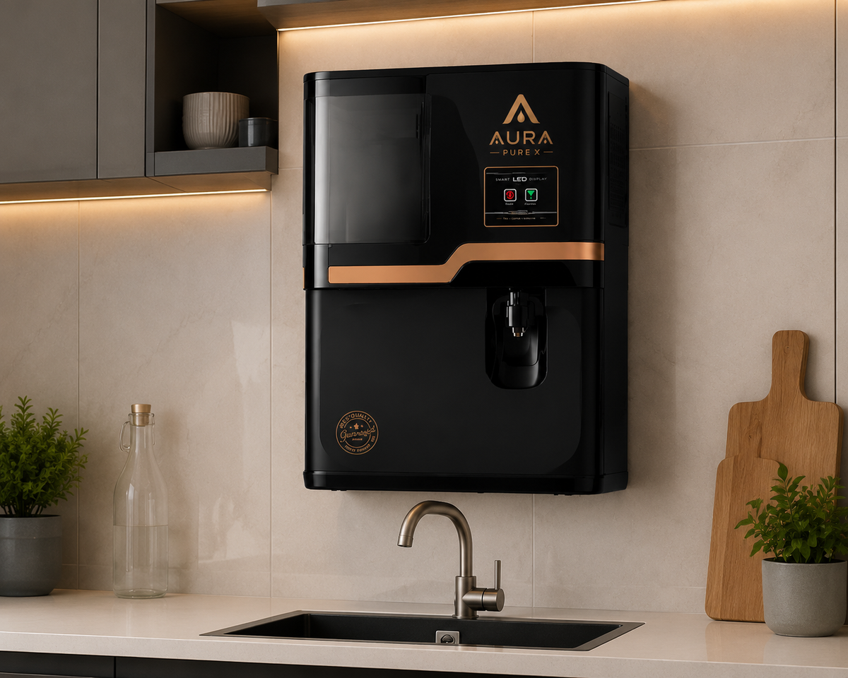 A black wall-mounted water dispenser with gold accents and the brand name AURA visible on the front, installed above a kitchen sink in a modern beige-toned kitchen.